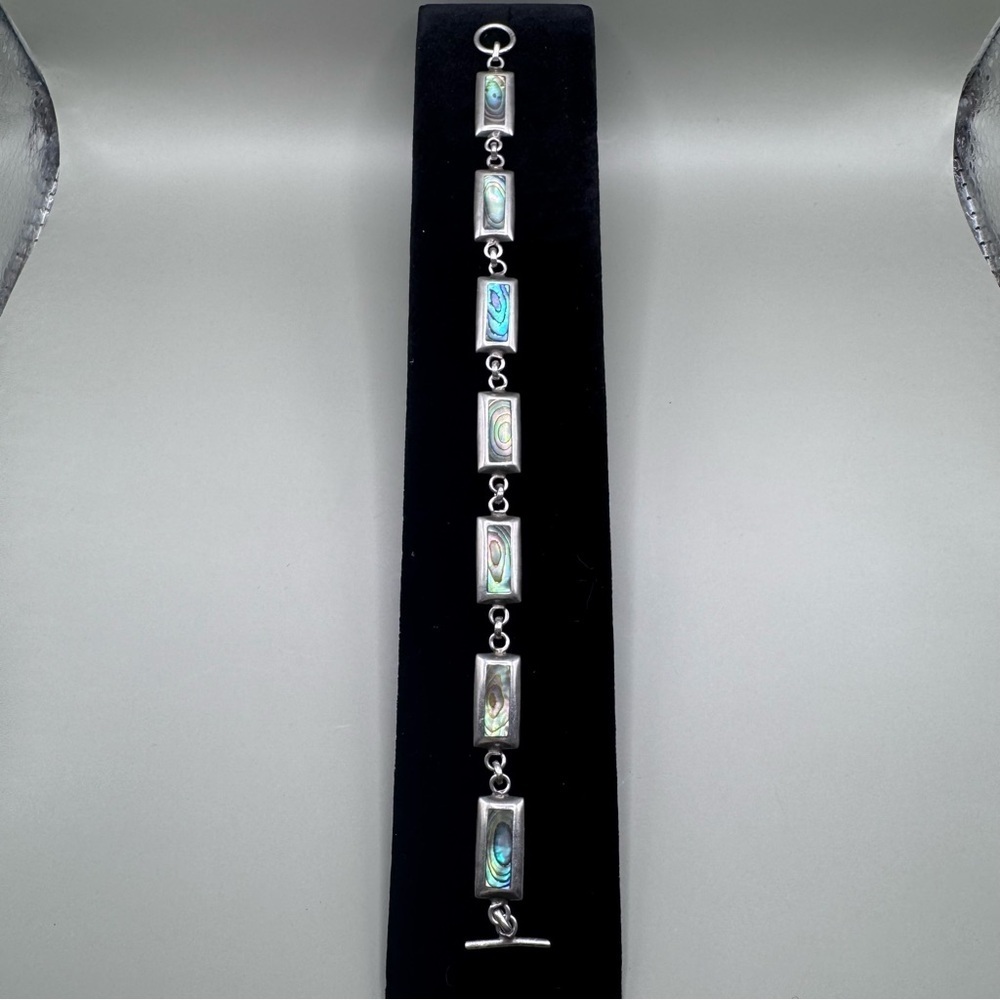 Vintage 925 Sterling Silver Abalone Shell In Link Bracelet